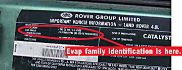 Evap family identification location on Land Rover Discovery I