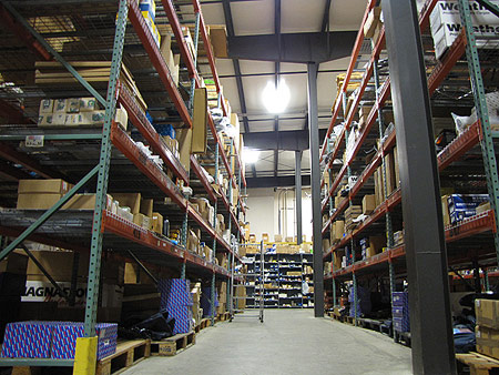 shelves of Land Rover parts in Atlantic British warehouse